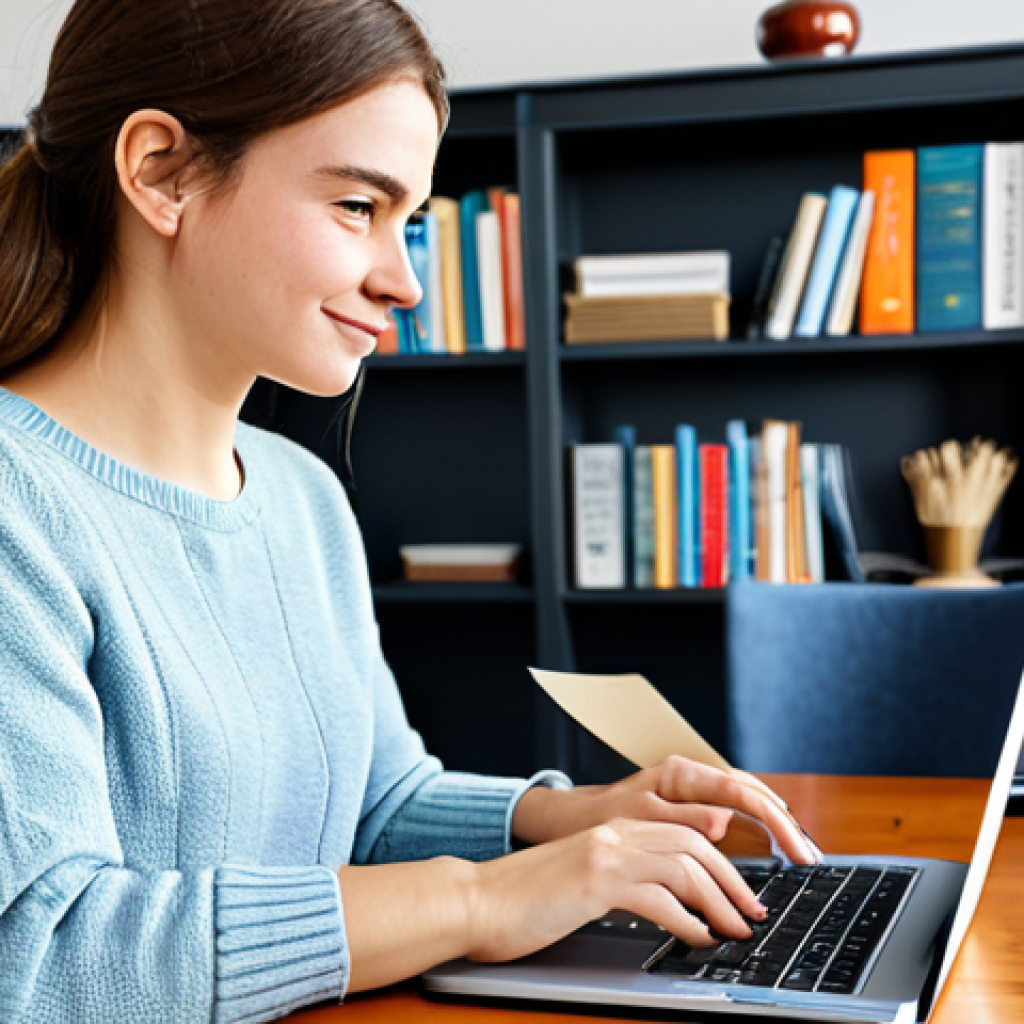 Online Learning & Skill Development**
A young adult woman, fully clothed in a comfortable and modest sweater and jeans, sitting at a desk with a laptop, focused on an online course interface. Background is a bright and inviting home office with bookshelves. The scene conveys learning and self-improvement. Safe for work, appropriate content, professional, perfect anatomy, correct proportions, natural pose, well-formed hands, proper finger count, natural body proportions, high quality, fully clothed, family-friendly.
**