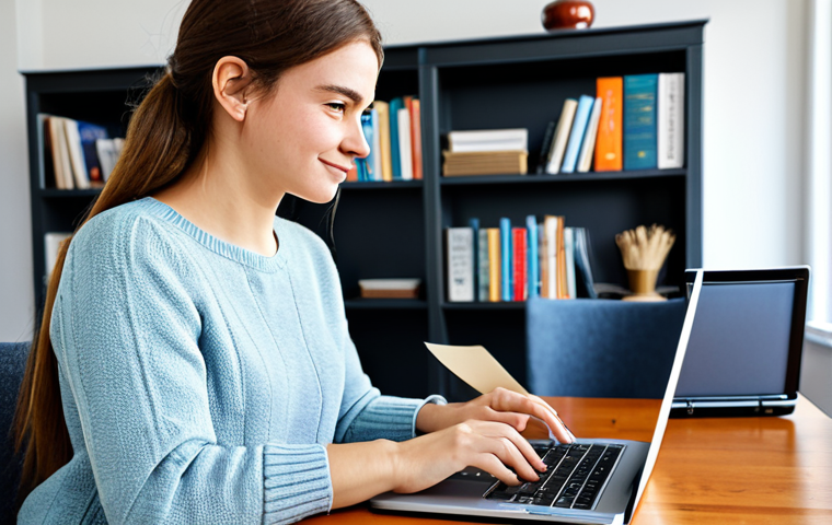 Online Learning & Skill Development**

A young adult woman, fully clothed in a comfortable and modest sweater and jeans, sitting at a desk with a laptop, focused on an online course interface. Background is a bright and inviting home office with bookshelves. The scene conveys learning and self-improvement. Safe for work, appropriate content, professional, perfect anatomy, correct proportions, natural pose, well-formed hands, proper finger count, natural body proportions, high quality, fully clothed, family-friendly.

**